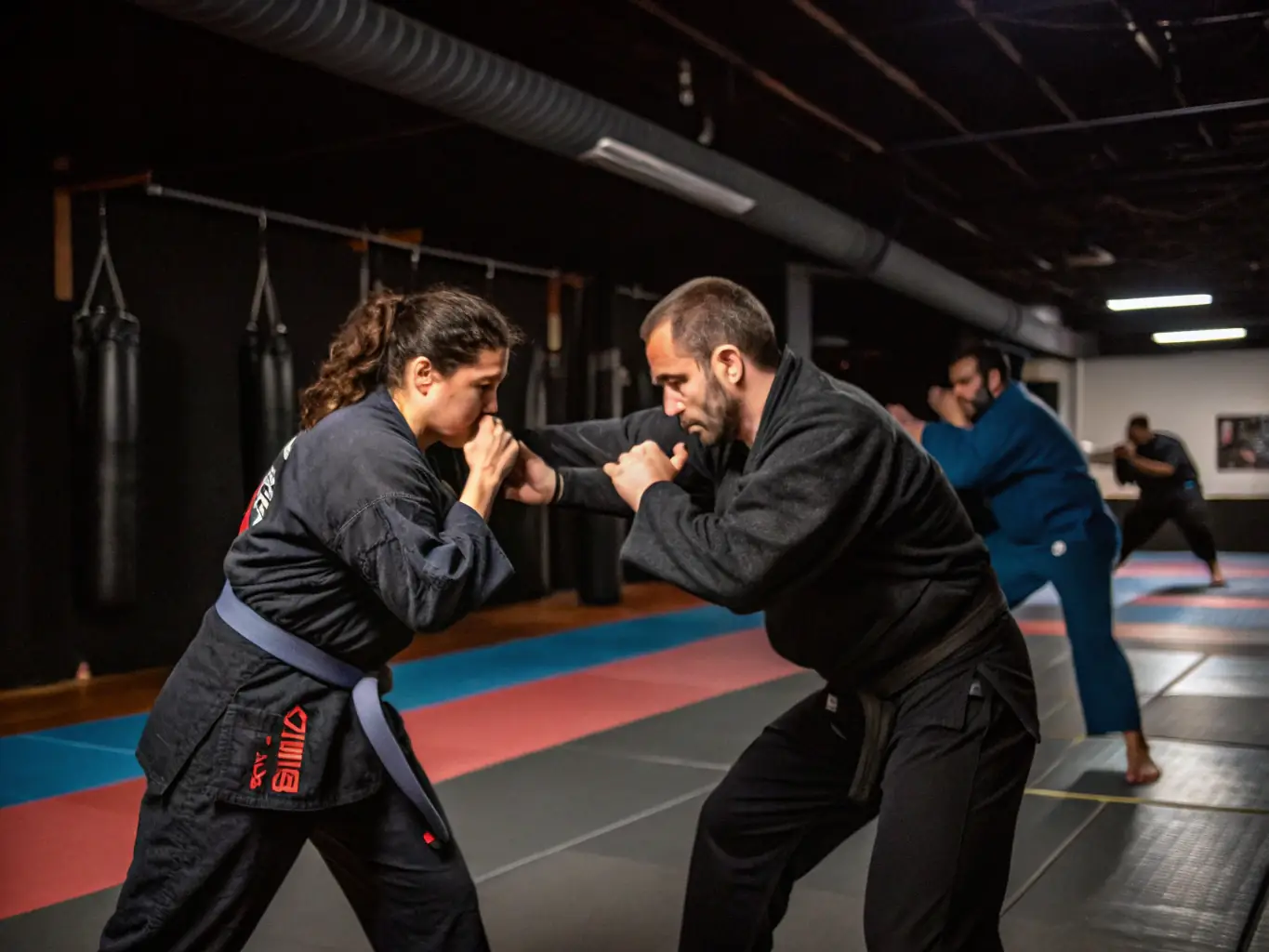A focused image of adults practicing Jujitsu at the Judo Club de Saint Gobain, highlighting the intensity and technique involved in the martial art.