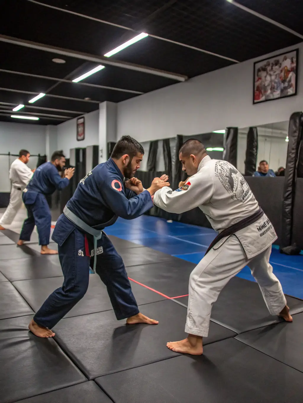 A dynamic shot of students engaged in a Jujitsu sparring session, showcasing the intensity and skill involved in the martial art, with a focus on technique and control.