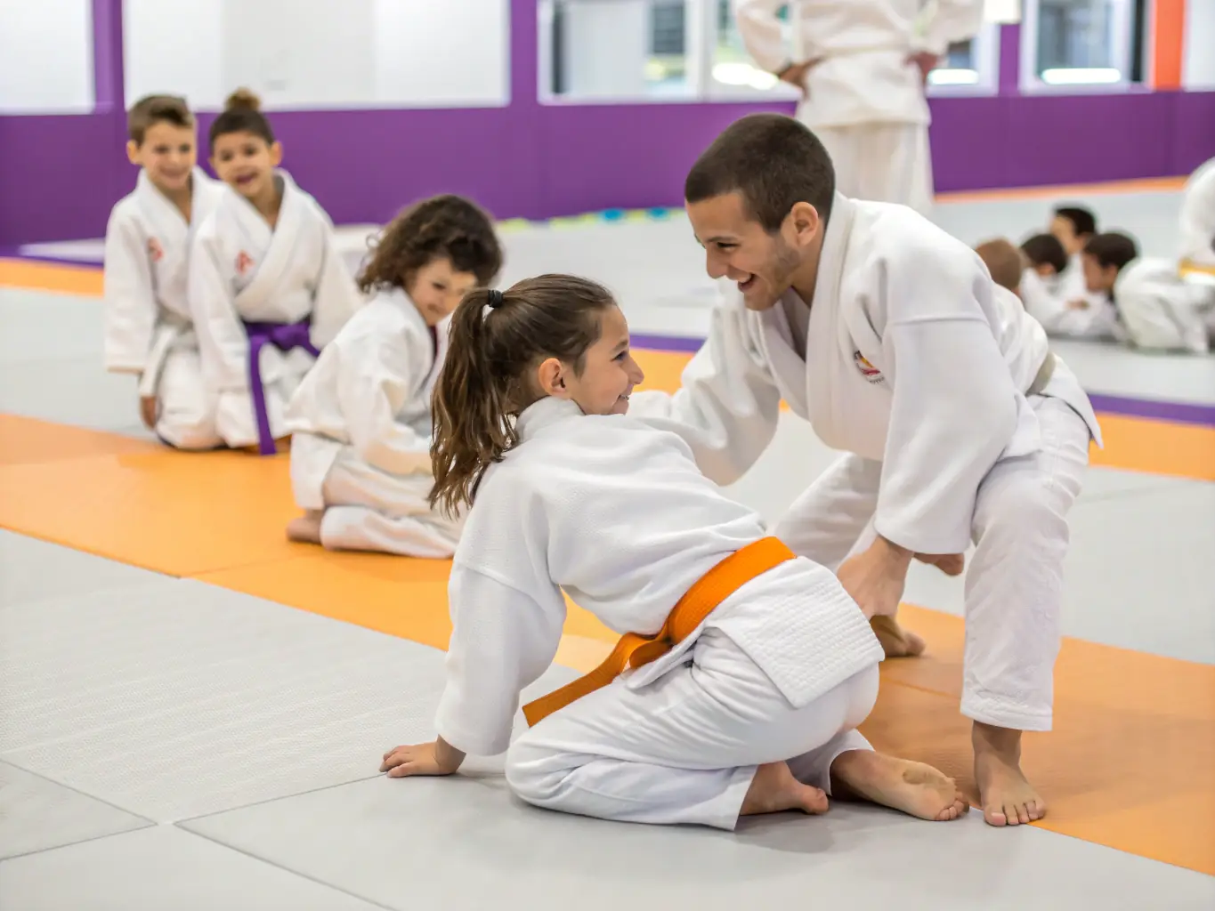 A dynamic photo of children practicing judo techniques during a class at the Judo Club de Saint Gobain, showcasing their energy and focus.