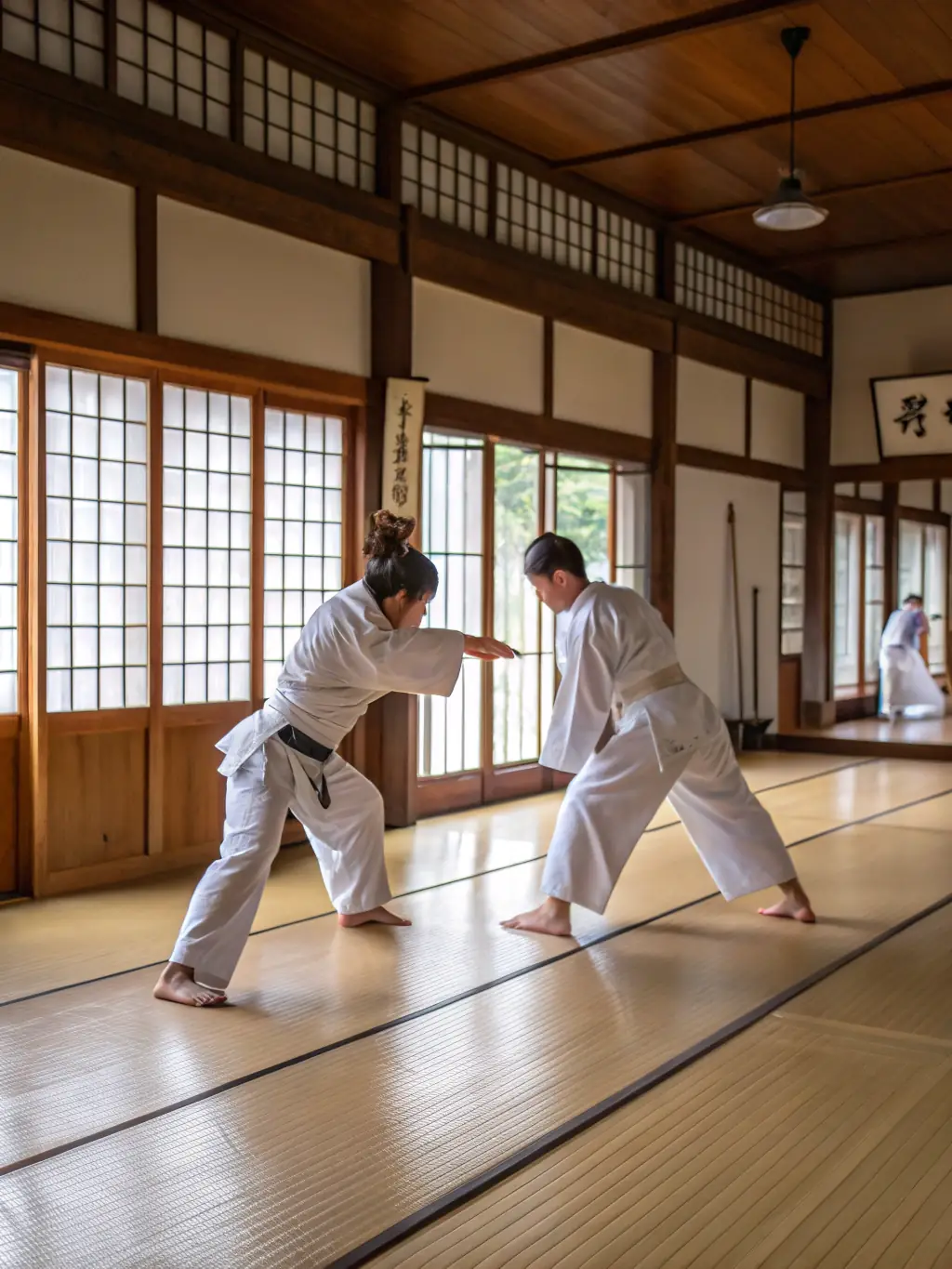 A photo of students participating in a Kendo practice, wearing traditional Kendo armor and wielding bamboo swords, demonstrating the discipline and precision of the martial art.