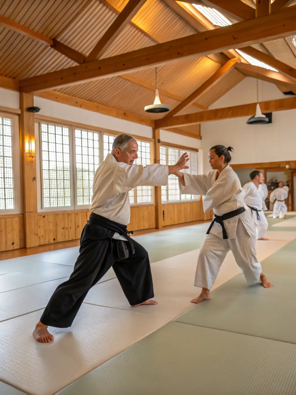 A photo of a sensei demonstrating a Judo technique to a group of attentive students in a traditional dojo setting. The sensei is wearing a black belt, and the students are in white judogi.